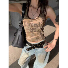 批发美式复古u领迷彩吊带背心女夏外穿内搭修身显瘦辣妹无袖短款上衣