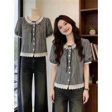 批发法式复古圆领蕾丝花边格纹短袖衬衫女夏<b class='q'>大码</b>胖mm甜美遮肉显瘦上衣