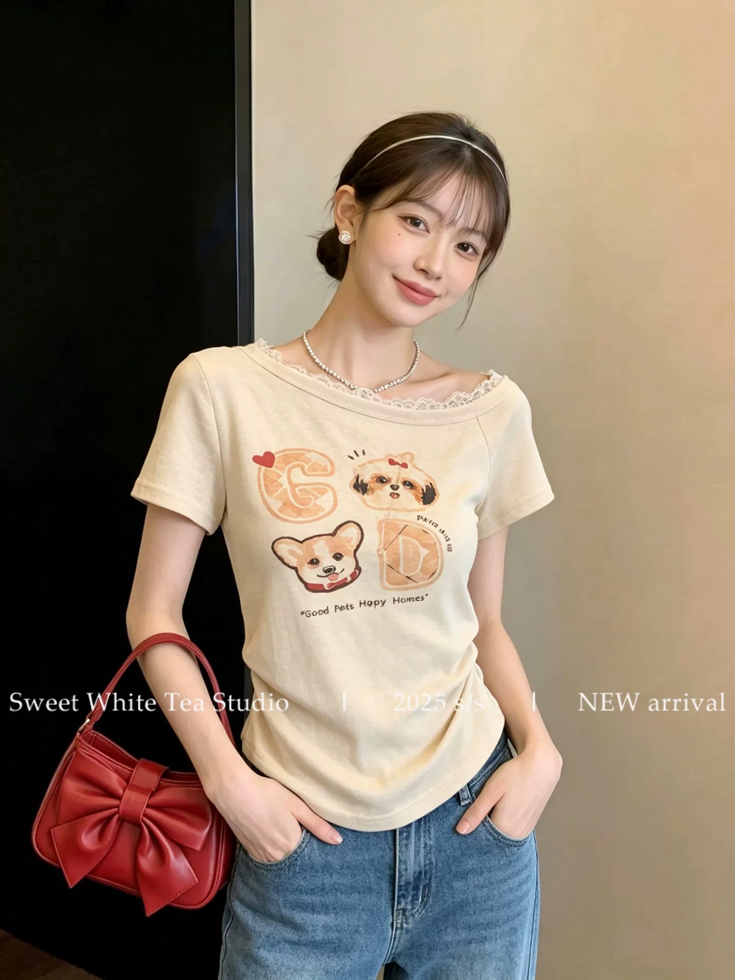 살구 색상 레이스 측면 오프숄더 프린트 반팔 티셔츠 여성 여름 주름 허리 수축 오프숄더 섹시함 작은 맨위