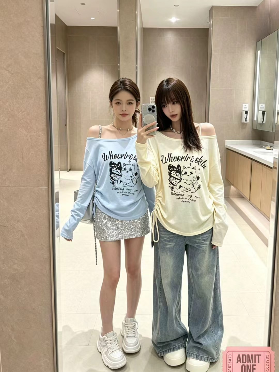 아메리칸 핫걸 프린트 비스듬한 어깨 펌프 로프 긴팔 티셔츠 여성 여름 루즈핏 캐주얼 얇고 가벼운 자외선 차단 블라우스 맨위 ins