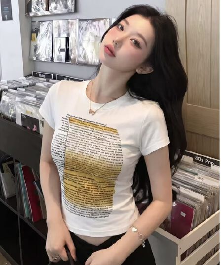 한국 스타일 패션 알파벳 프린트 반팔 티셔츠 여성 여름 새로운 라운드 넥 몸매 가꾸기 슬림해 보이는 다용도 거리 바람 맨위