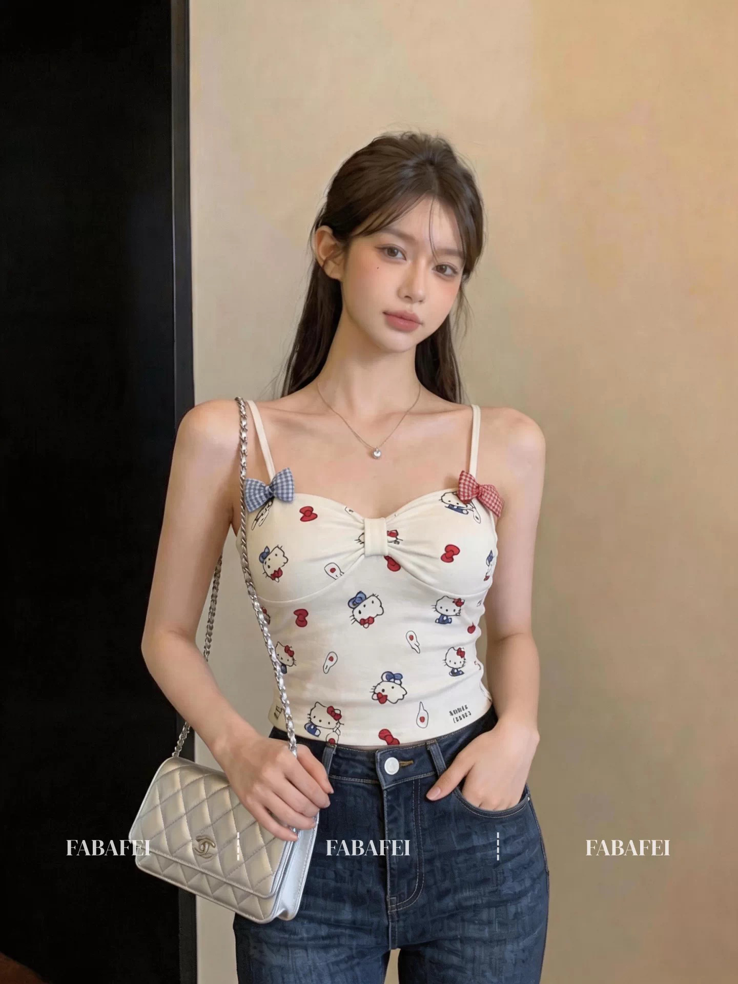 달콤한 자매 바람 kitty 고양이 프린트 슬립 여성 2026 여름 3 차원 나비 매듭 조끼 민소매 벨트 가슴 패드 작은 맨위