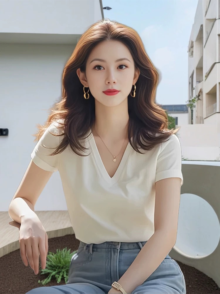 화이트 V넥 긍정적 인 어깨 반팔 여성 고급 티셔츠 차 인사이드 차 가스 Chic 품격 작은 대중 아니요 명중 섹션 맨위 여성 여름 섹션