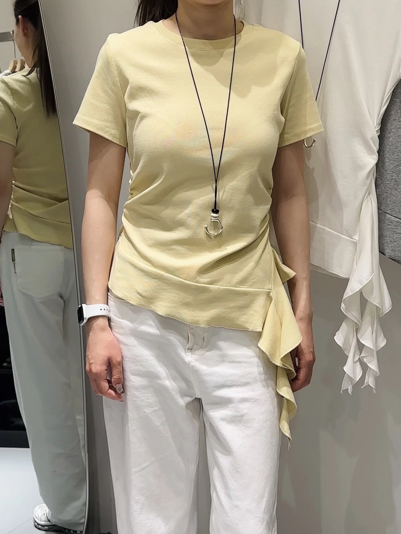 한국 스타일 프릴 밑단 반팔 티셔츠 여성 새로운 고유 한 Chic 아름다운 순수한 욕망 주름 꼬집기 허리 핫걸 맨위