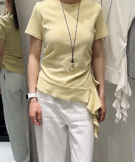 한국 스타일 프릴 밑단 반팔 티셔츠 여성 새로운 고유 한 Chic 아름다운 순수한 욕망 주름 꼬집기 허리 핫걸 맨위