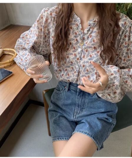 센 부서 작은 대중 디자인 센스 면 100% 꽃무늬 긴팔 여성 셔츠 봄 출퇴근 스탠드 칼라 루즈핏 다용도 아름다운 작은 셔츠
