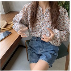 批发森系小众设计感全棉碎花长袖<b class='q'>衬衫</b>女春季通勤立领宽松百搭漂亮小衫
