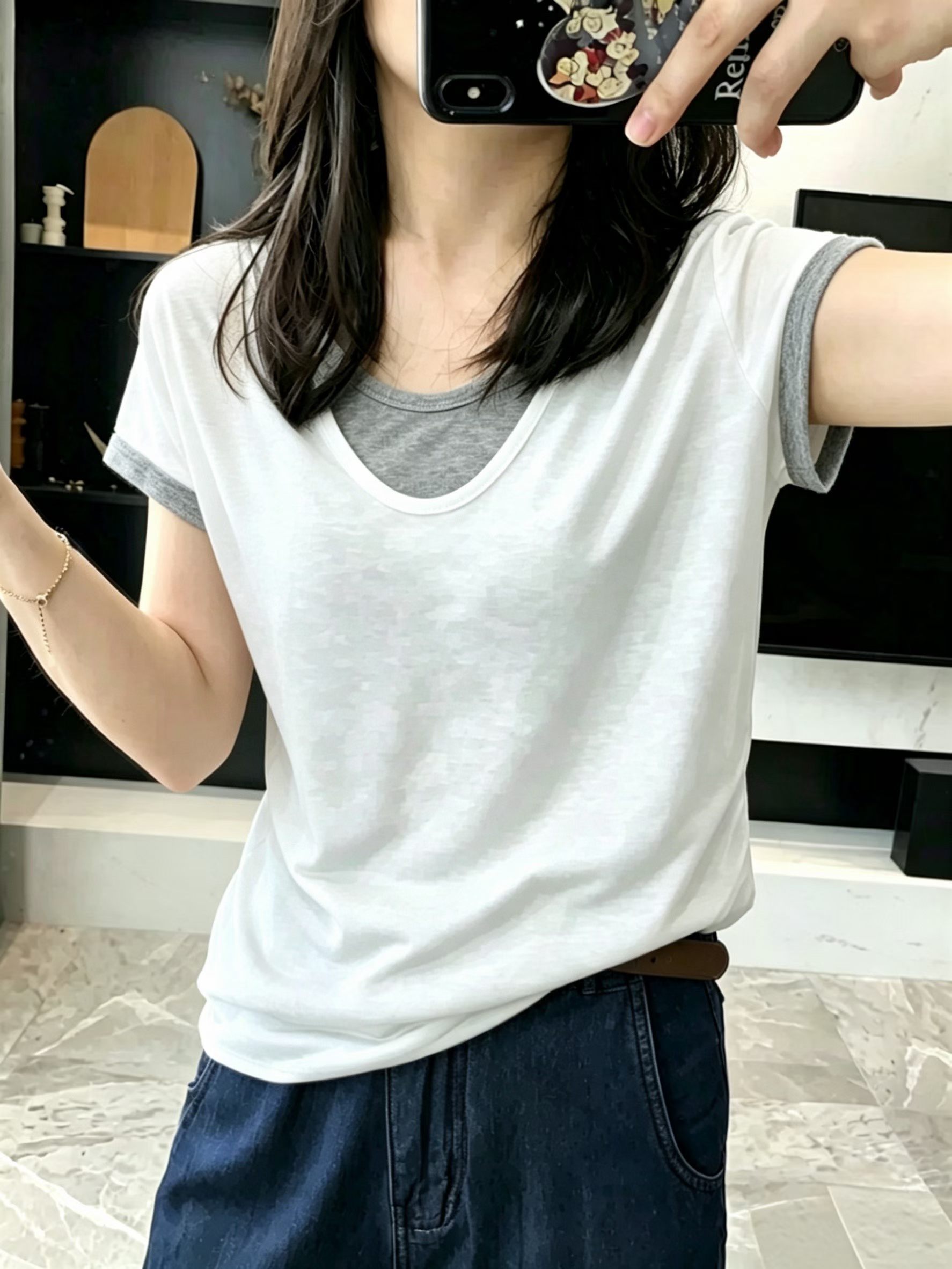 출퇴근 부서 작은 대중 페이크 레이어드 패치워크 맨위 여성 여름 눈꽃 면 루즈핏 V넥 반팔 배색 디자인 센스 티셔츠