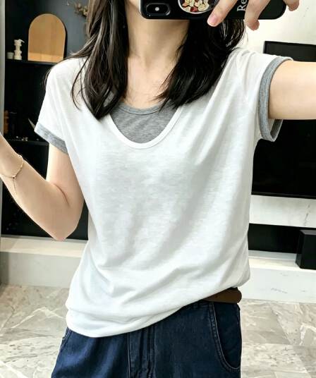 출퇴근 부서 작은 대중 페이크 레이어드 패치워크 맨위 여성 여름 눈꽃 면 루즈핏 V넥 반팔 배색 디자인 센스 티셔츠