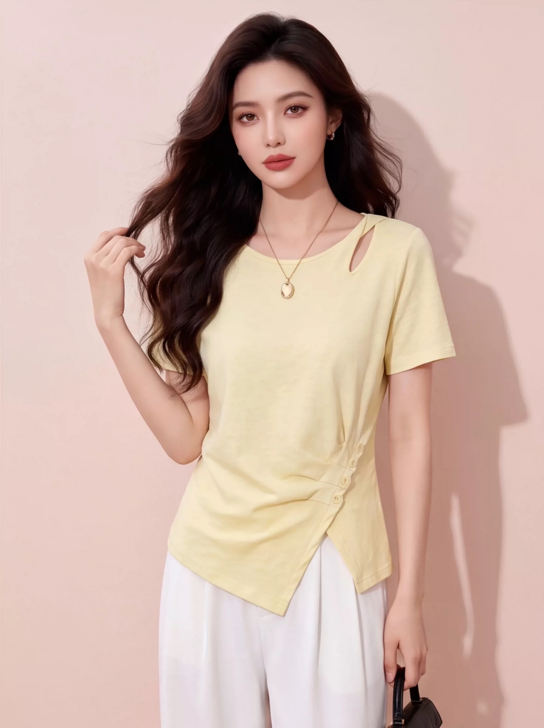 익스트림 제인 디자인 센스 홀로우 아웃 반팔 티셔츠 여성 여름 드레스 황색 비대칭 해체 바람 맨위 여성 의류 작은 대중 미니멀리즘