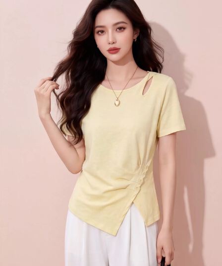 익스트림 제인 디자인 센스 홀로우 아웃 반팔 티셔츠 여성 여름 드레스 황색 비대칭 해체 바람 맨위 여성 의류 작은 대중 미니멀리즘