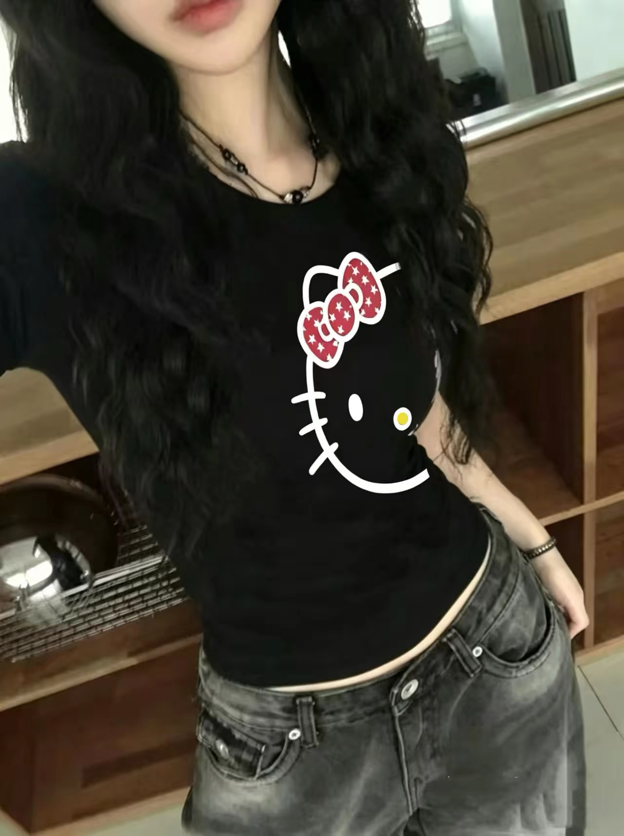 아메리칸 레트로 여름 핫걸 긍정적 인 어깨 몸매 가꾸기 라운드 넥 고양이 반팔 프린트 라운드 넥 티셔츠 맨위 여성 여름 새로운