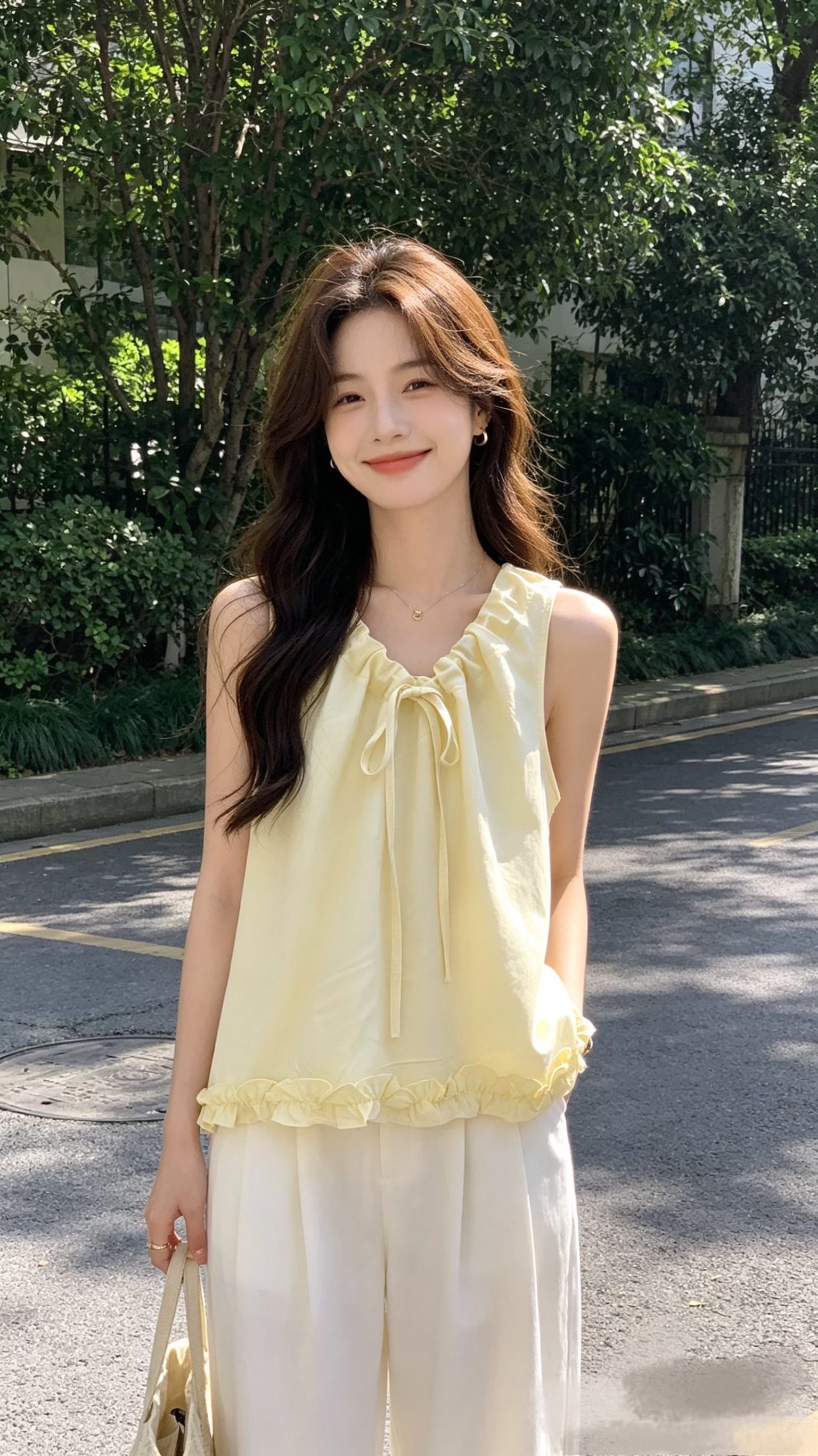 부드러운 디스플레이 화이트 부드러운 안개 분말 프릴 V넥 민소매 여성 셔츠 여름 센 부서 품격 어깨 인형 셔츠 맨위