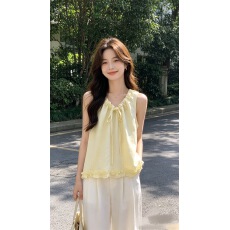 批发温柔显白柔雾粉木耳边V领无袖<b class='q'>衬衫</b>女夏季森系气质坎肩娃娃衫上衣