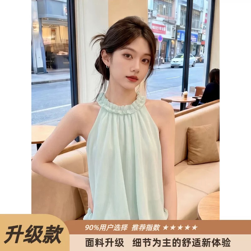 프랑스식 부드러운 바람 레이스 민소매 행침 목 다용도 작은 셔츠 여성 여름 오프숄더 슬림해 보이는 디자인 센스 외출용 맨위 트렌디