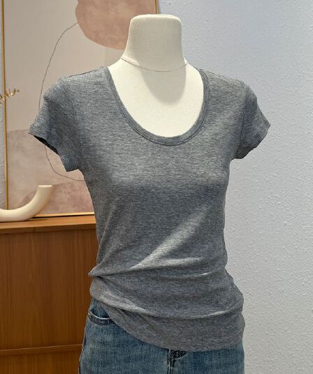 한 부서 핫걸 긍정적 인 어깨 반팔 티셔츠 여성 여름 새로운 u 칼라 몸매 가꾸기 단색 고급 센스 품격 Chic 작은 맨위