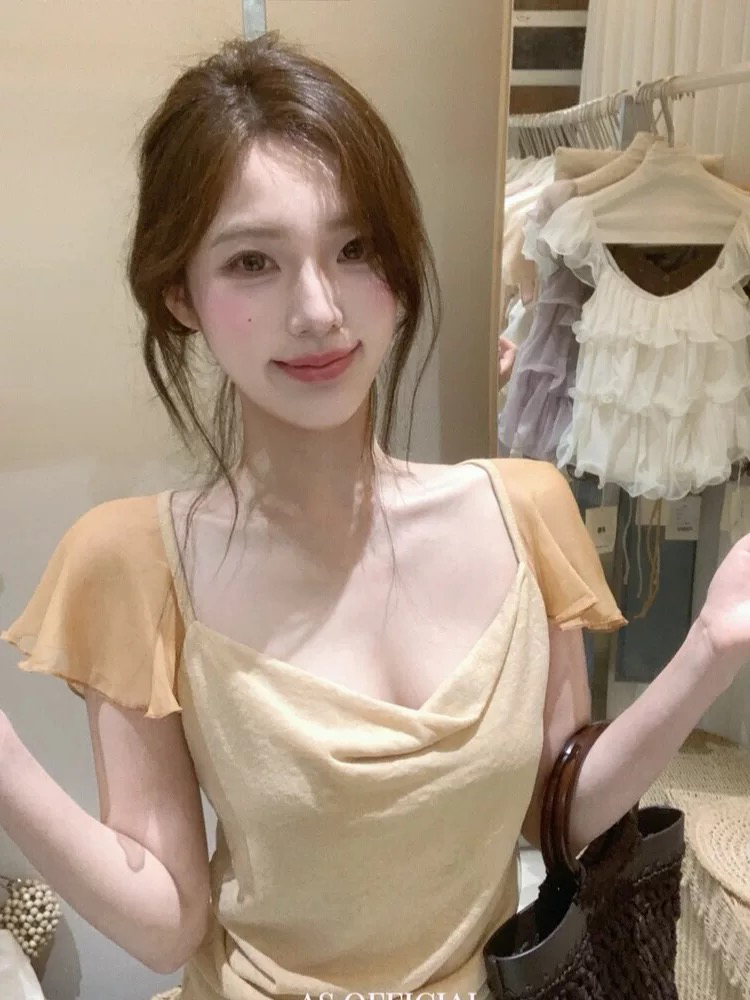 호박 색상 고유 한 Chic 아름다운 아름다운 디자인 센스 반팔 흔들다 칼라 티셔츠 품격 쉬폰 패치워크 맨위 허리 수축