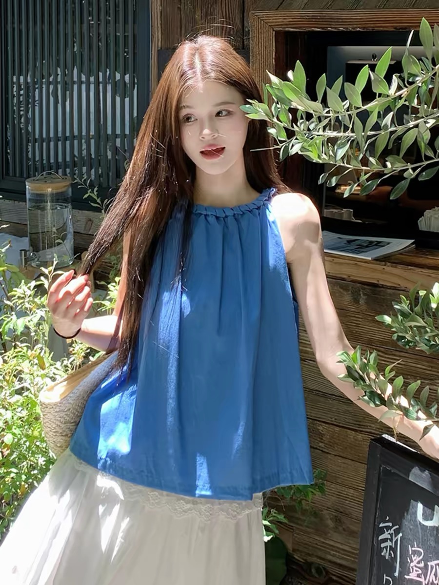 톰 글 래 원인 파란색 행침 목 캐미솔 여름 도파민 고유 한 고급 외출용 민소매 아마 면 린넨 맨위