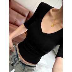 批发纯色V领中<b class='q'>袖</b><b class='q'>T</b><b class='q'>恤</b>女2026夏季新款修身性感短款小个子时尚五分<b class='q'>袖</b>上衣