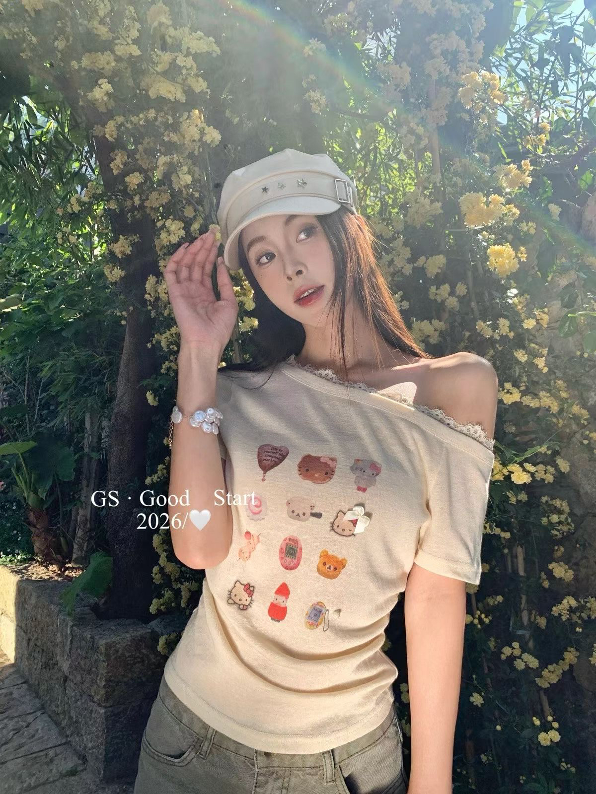 만화 프린트 비스듬한 어깨 작은 셔츠 여성 gs.good start 한 부서 달콤함 순수한 욕망 캐주얼 반팔 티셔츠 맨위