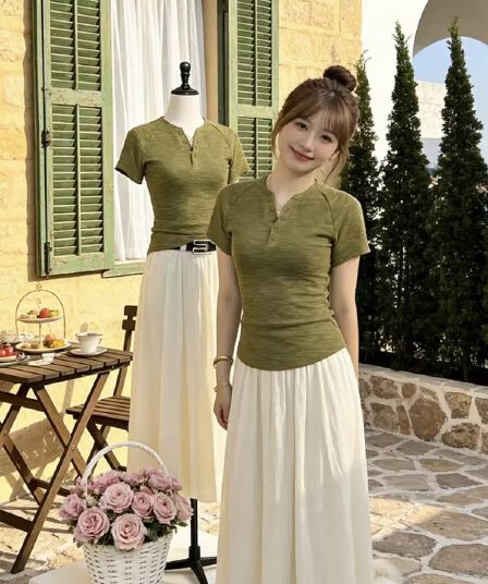 대나무 마디 면 여름 한국 스타일 디자인 섹션 V넥 단추 몸매 가꾸기 슬림해 보이는 다용도 미니멀리즘 단색 긍정적 인 어깨 반팔 티셔츠 여성