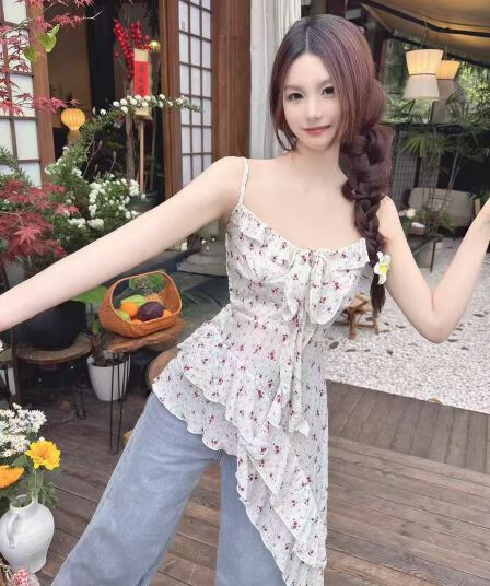 프랑스식 순수한 욕망 3 차원 꽃 캐미솔 봄 2026 새로운 불규칙 꽃무늬 외국 가스 허리 수축 맨위