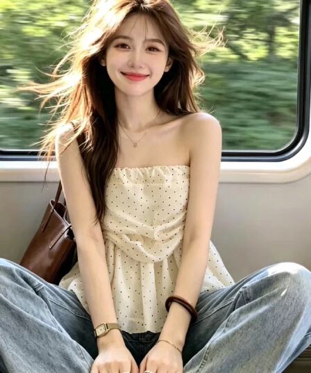 보존 섹션 추천 달콤함 보트넥 오프숄더 도트 무늬 튜브탑 조끼 여성 여름 섹시함 슬림해 보이는 주름 맨위