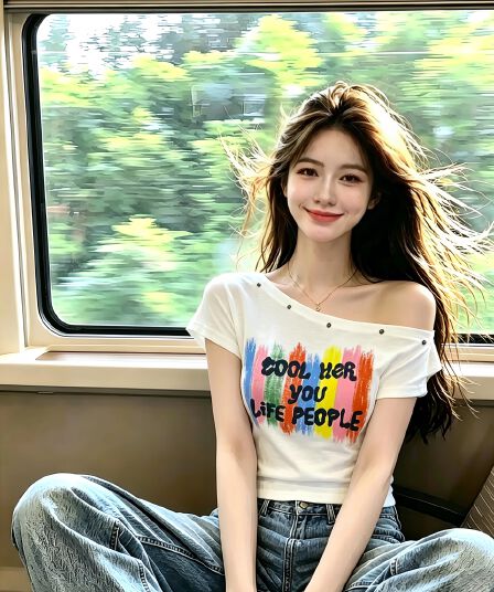 비스듬한 어깨 오프숄더 징 반팔 티셔츠 여성 여름 새로운 디자인 센스 색상 낙서 프린트 몸매 가꾸기 슬림해 보이는 맨위