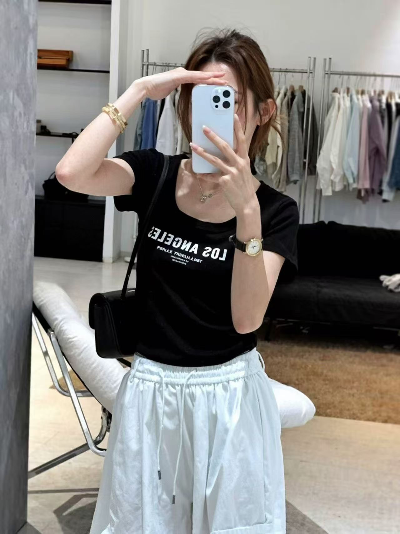 한 부서 패션 알파벳 프린트 광장 칼라 반팔 티셔츠 여성 여름 새로운 작은 키 몸매 가꾸기 슬림해 보이는 다용도 맨위