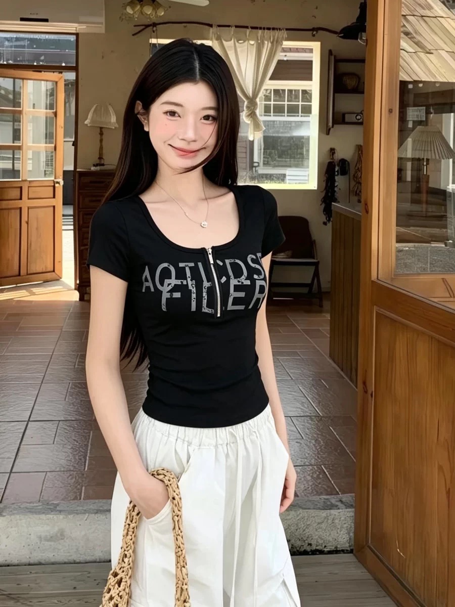핫걸 바람 하프 지퍼 이슬 쇄골 알파벳 반팔 티셔츠 여성 작은 키 쇼트 스타일 몸매 가꾸기 슬림해 보이는 주름 맨위