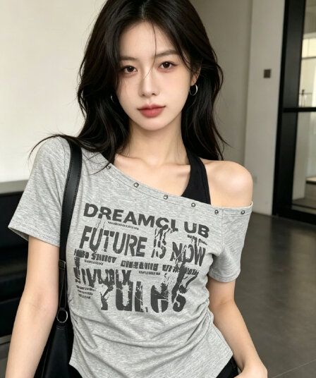 아메리칸 핫걸 바람 비스듬한 어깨 알파벳 프린트 반팔 티셔츠 여성 2026 여름 캐주얼 몸매 가꾸기 슬림해 보이는 다용도 맨위