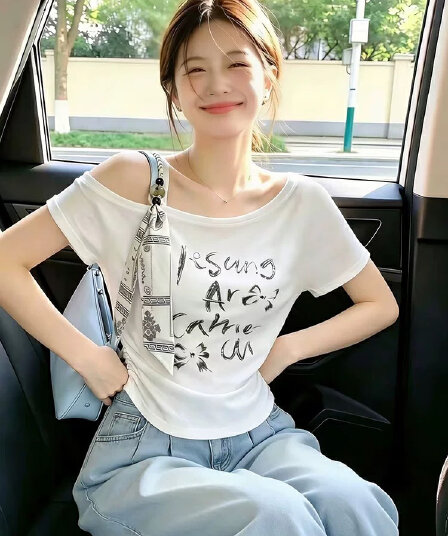 아메리칸 레트로 핫걸 고유 한 여름 불규칙 스카프 비스듬한 칼라 슬립 반팔 티셔츠 여성 주름 꼬집기 허리 위로 의류