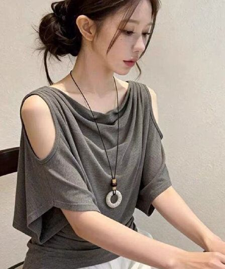 프랑스식 부드러운 바람 흔들다 칼라 오프숄더 반팔 티셔츠 여성 여름 쇼트 스타일 핫걸 바람 Chic 몸매 가꾸기 디자인 센스 맨위