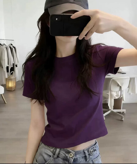 유럽 상품 보라색 긍정적 인 어깨 반팔 티셔츠 여성 여름 2026 새로운 작은 키 몸매 가꾸기 슬림해 보이는 라운드 넥 쇼트 스타일 맨위
