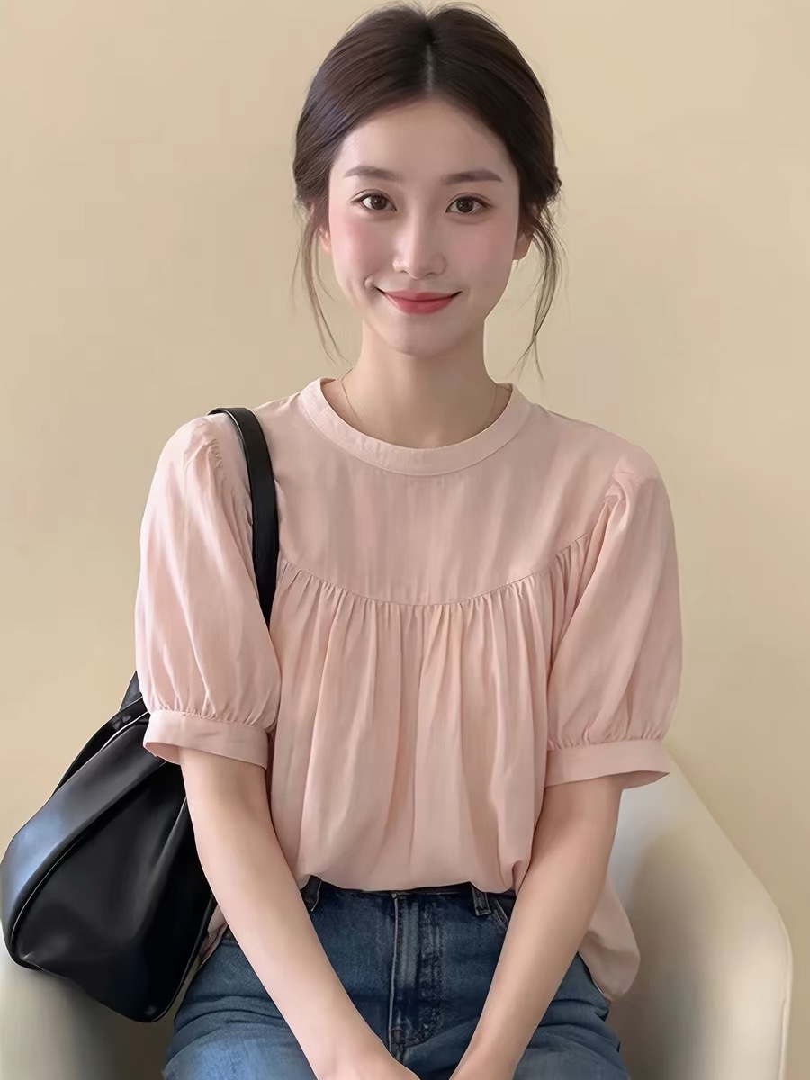 프랑스식 달콤한 스타일 거품 소매 핑크색 반팔 여성 셔츠 2026 여름 새로운 주름 루즈핏 다용도 셔츠 트렌디