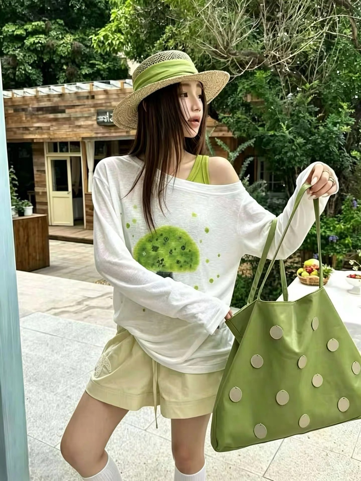 한 부서 느긋한 바람 만화 재미있는 버섯 프린트 비스듬한 어깨 긴팔 티셔츠 태양 보호 셔츠 여성 인사이드 가져 가라. 투피스 조끼