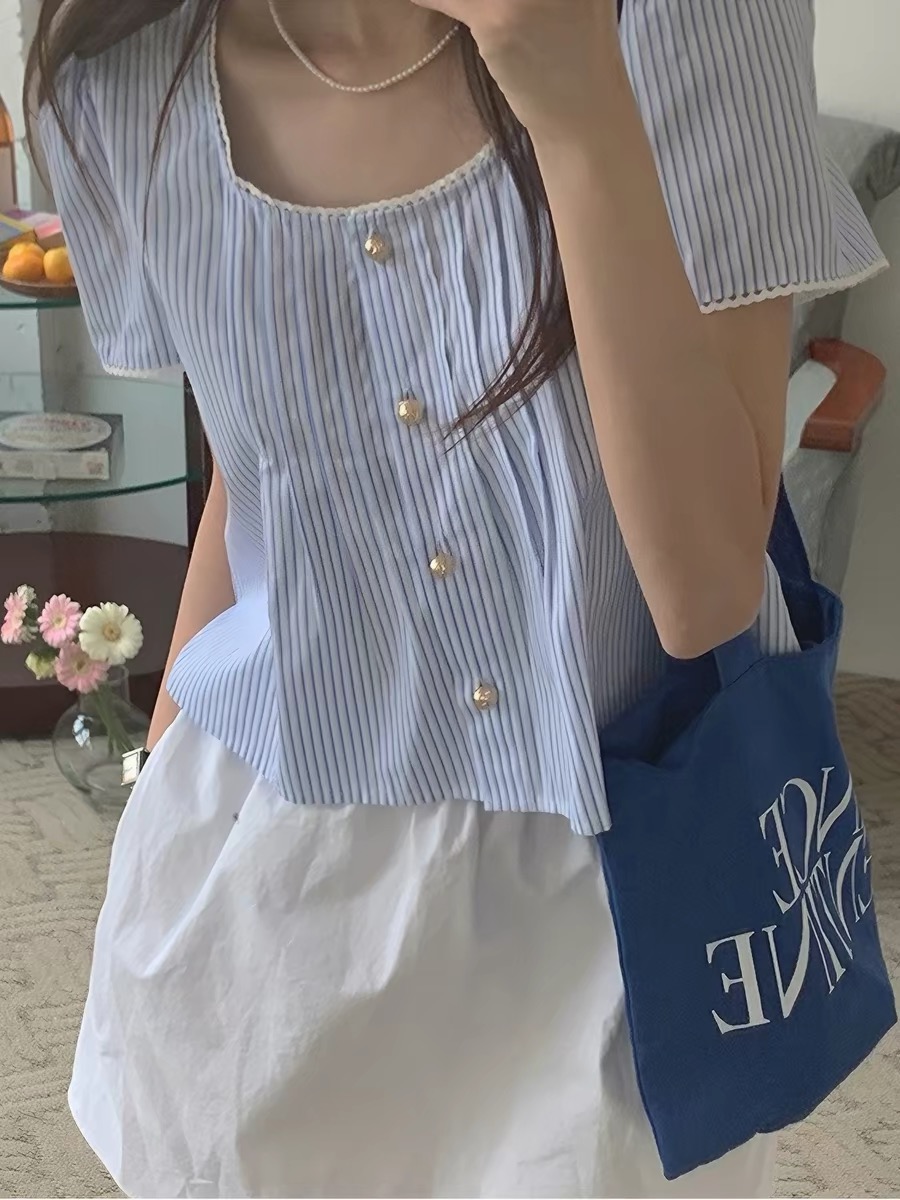 파란색 스트라이프 광장 칼라 반팔 여성 셔츠 여름 연령 감소 품격 레트로 Chic 짧은 셔츠 작은 대중 프랑스식 맨위