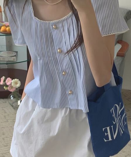 파란색 스트라이프 광장 칼라 반팔 여성 셔츠 여름 연령 감소 품격 레트로 Chic 짧은 셔츠 작은 대중 프랑스식 맨위