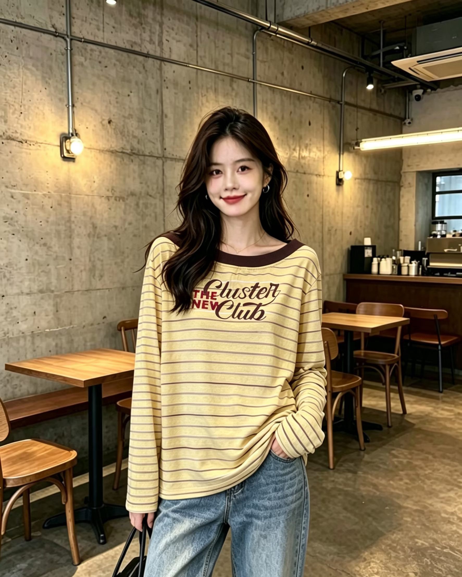 2026 여름 새로운 알파벳 프린트 패치워크 스트라이프 비스듬한 칼라 긴팔 티셔츠 여성 루즈핏 패션 다용도 맨위 트렌디
