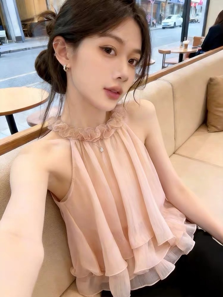핑크색 목이버섯 레이스 행침 목 캐미솔 여름 프랑스식 사소한 순수한 욕망 바람 오프숄더 민소매 쉬폰 작은 셔츠