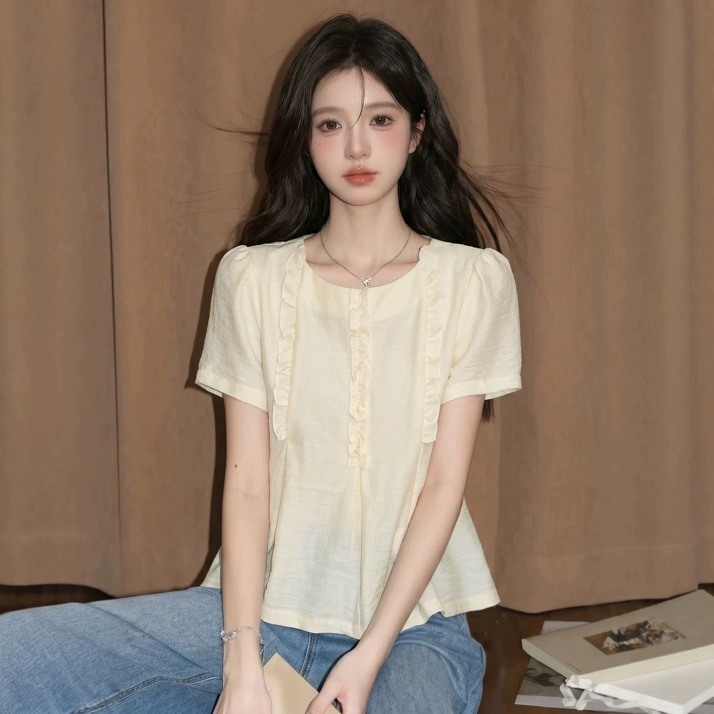 황색 면 린넨 반팔 맨위 여성 여름 도파민 고유 한 인형 셔츠 프랑스식 사소한 밝은 아름다운 아마 셔츠