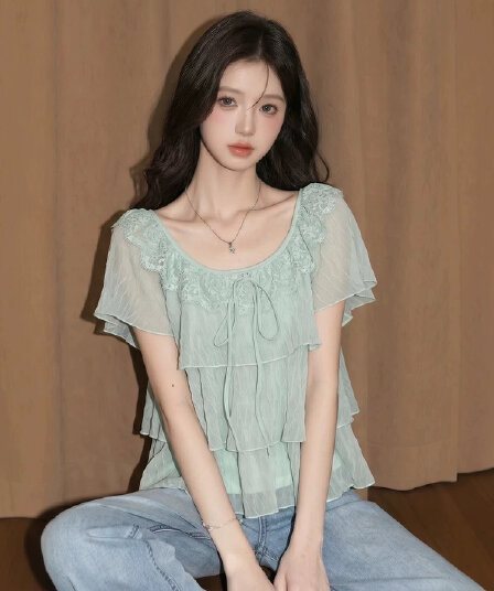 프랑스식 박하 녹색 프릴 쉬폰 여성 셔츠 여름 나비 매듭 다중 레이어 달콤함 맨위