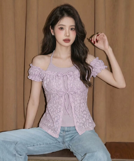 레이스 페이크 레이어드 행침 목 스트랩 여성 셔츠 여름 디자인 센스 작은 대중 프릴 부드러운 맨위