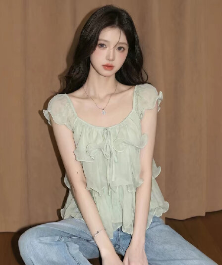 박하 녹색 반팔 맨위 여성 여름 프랑스식 사소한 인형 셔츠 도파민 밝은 아름다운 매우 요정 쉬폰 셔츠