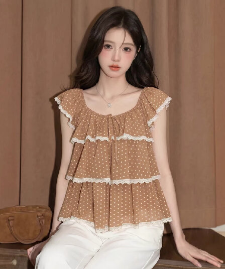 주황색 도트 무늬 작은 날다 소매 프릴 맨위 여성 여름 프랑스식 사소한 아름다운 인형 작은 셔츠 긍정적 인 어깨 반팔 셔츠