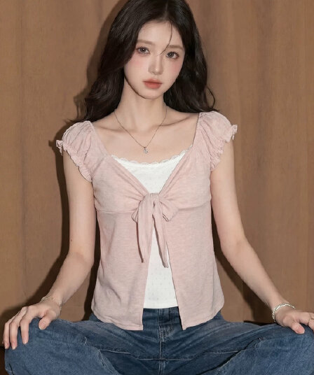 핑크색 페이크 레이어드 쇼트 스타일 레이스 맨위 여성 여름 프랑스식 사소한 고유 한 아름다운 자이언트 잘 생긴 긍정적 인 어깨 반팔 티셔츠