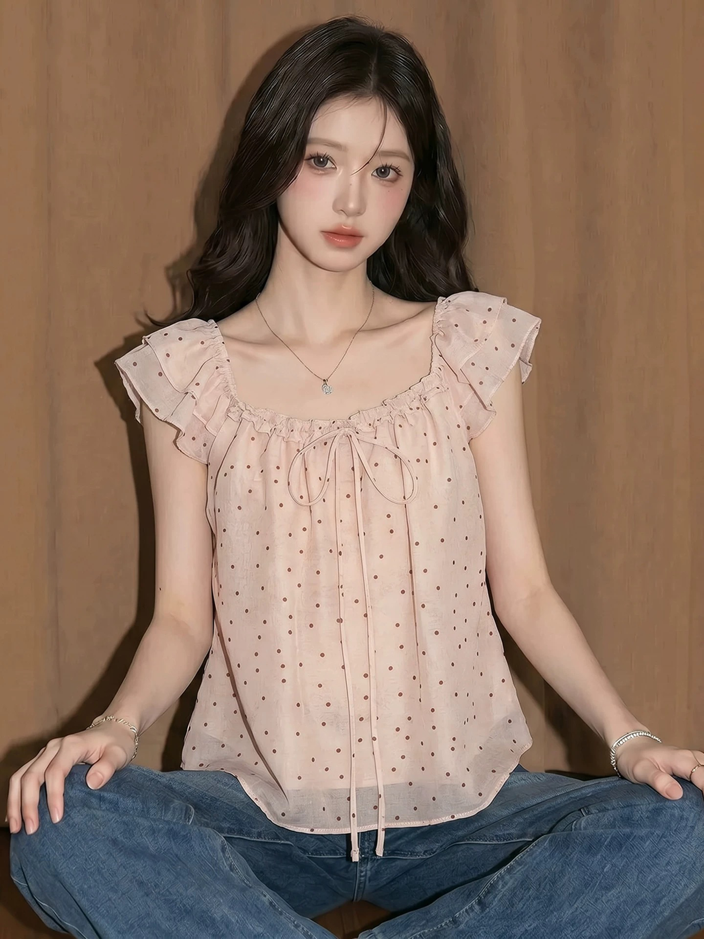 광저우 열세 개 여성 의류 나비 매듭 도트 무늬 반팔 셔츠 여름 층 프릴 한 단어 오프숄더 맨위