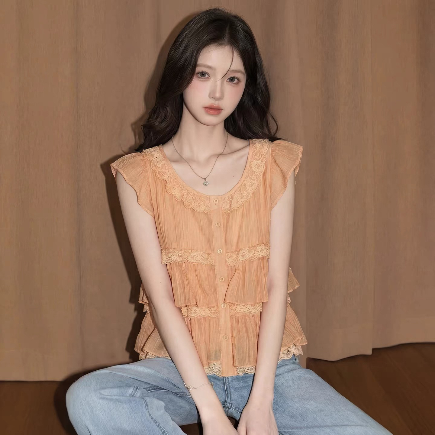 주황색 레이스 작은 날다 소매 맨위 여성 여름 프랑스식 사소한 인형 셔츠 도파민 아름다운 밝은 쉬폰 셔츠