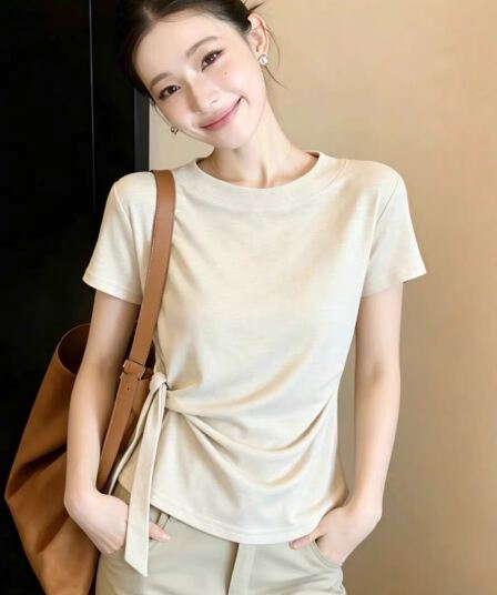 한 부서 오트밀 색상 레이스업 긍정적 인 어깨 반팔 티셔츠 여성 의류 여름 작은 키 쇼트 스타일 고유 한 아름다운 아름다운 맨위
