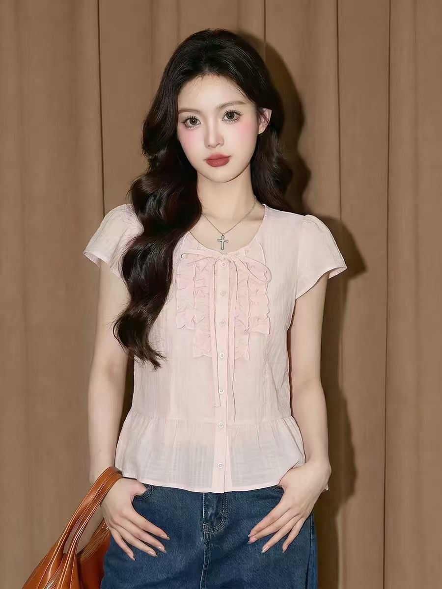 핑크색 면 린넨 반팔 맨위 여성 여름 프랑스식 사소한 인형 작은 셔츠 고유 한 아름다운 도파민 거품 소매 셔츠